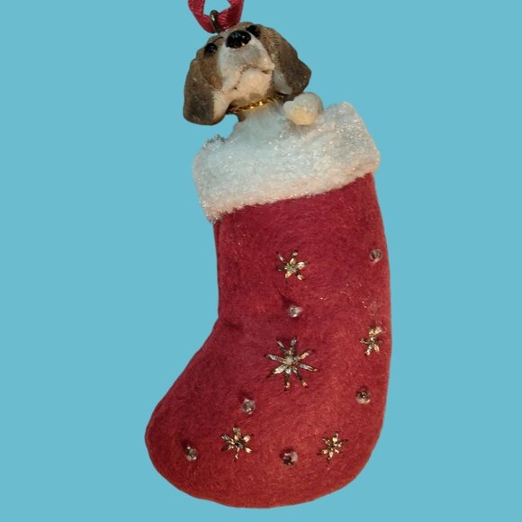 E S Imports Beagle Dog Christmas Stocking Ornament Beaded Embroidered Snowflake - Picture 4 of 8